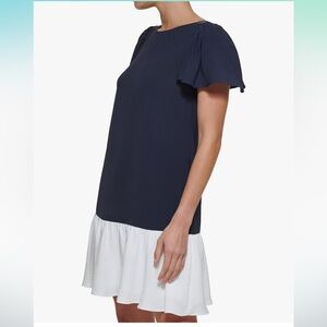 DKNY Women's Flowy Short Flutter Sleeve Ruffle Hem Dress